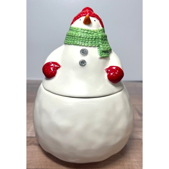 Snowman Cookie Jar With Green Scarf & Red Hat Hallmark Ceramic - Picture 1 of 6